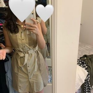 Beige Sleeveless Belted Dress